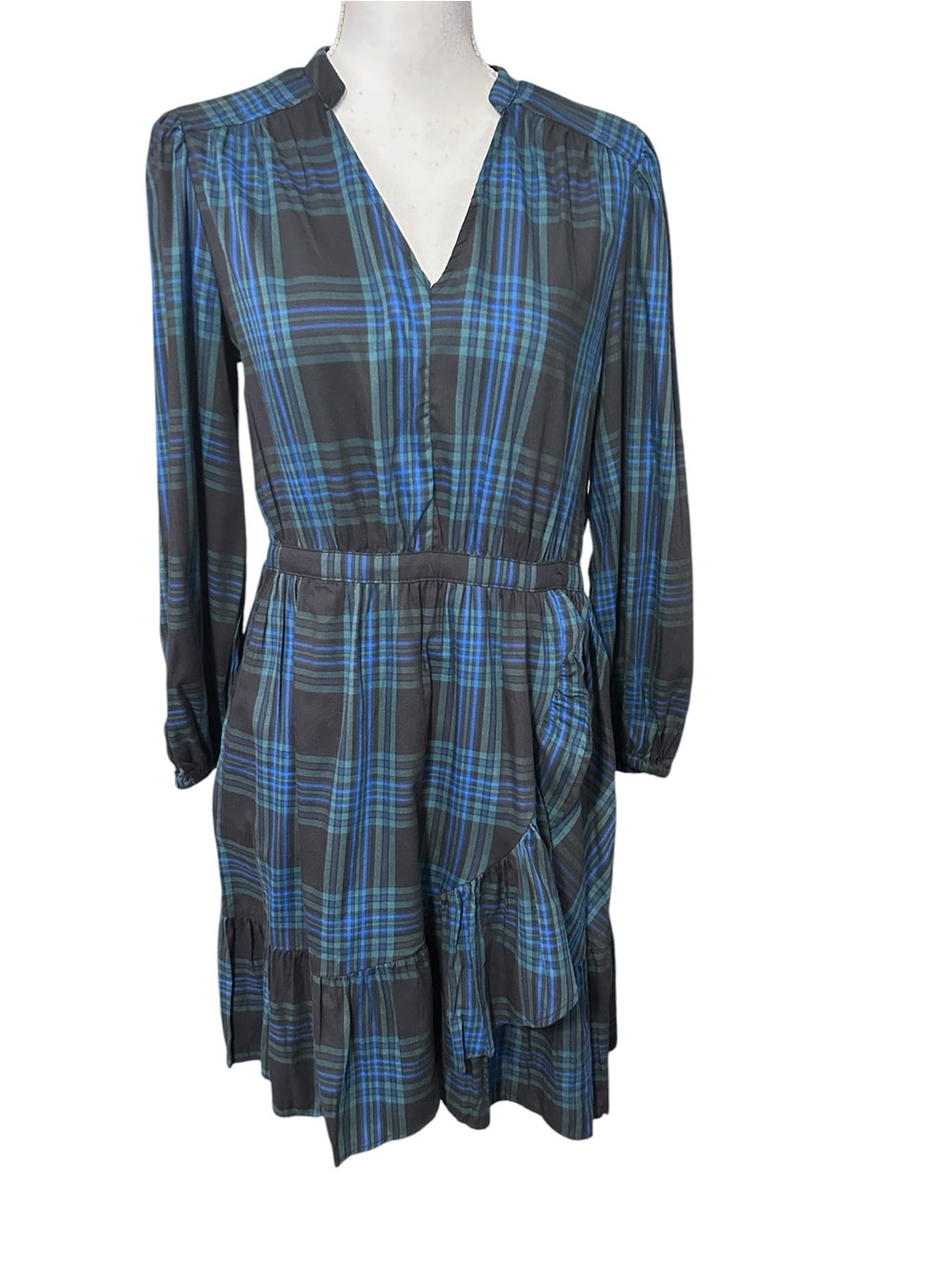Free Assembly Tartan Plaid Mini Dress Womens M V-Neck Ruffle Holiday Preppy NWT